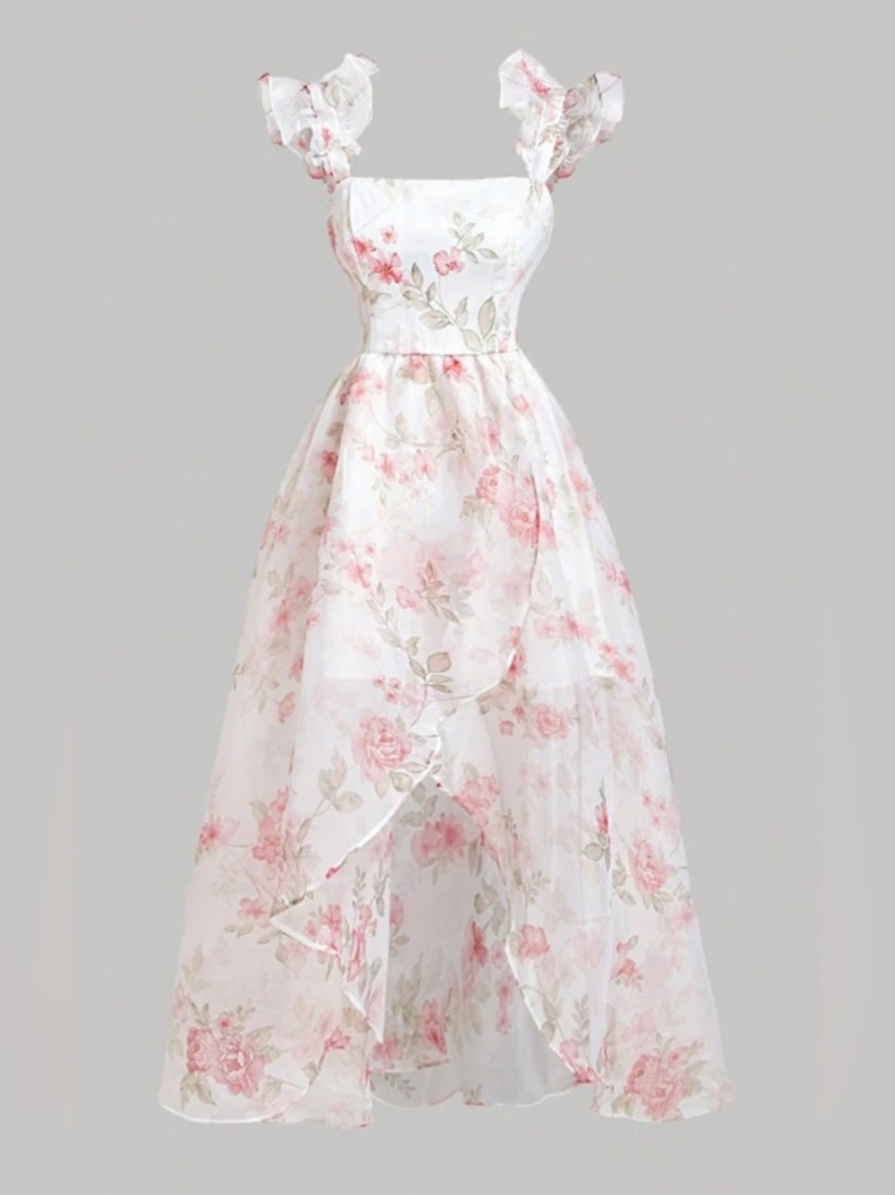 Floral Ruffle Maxi Dress in White and Pink